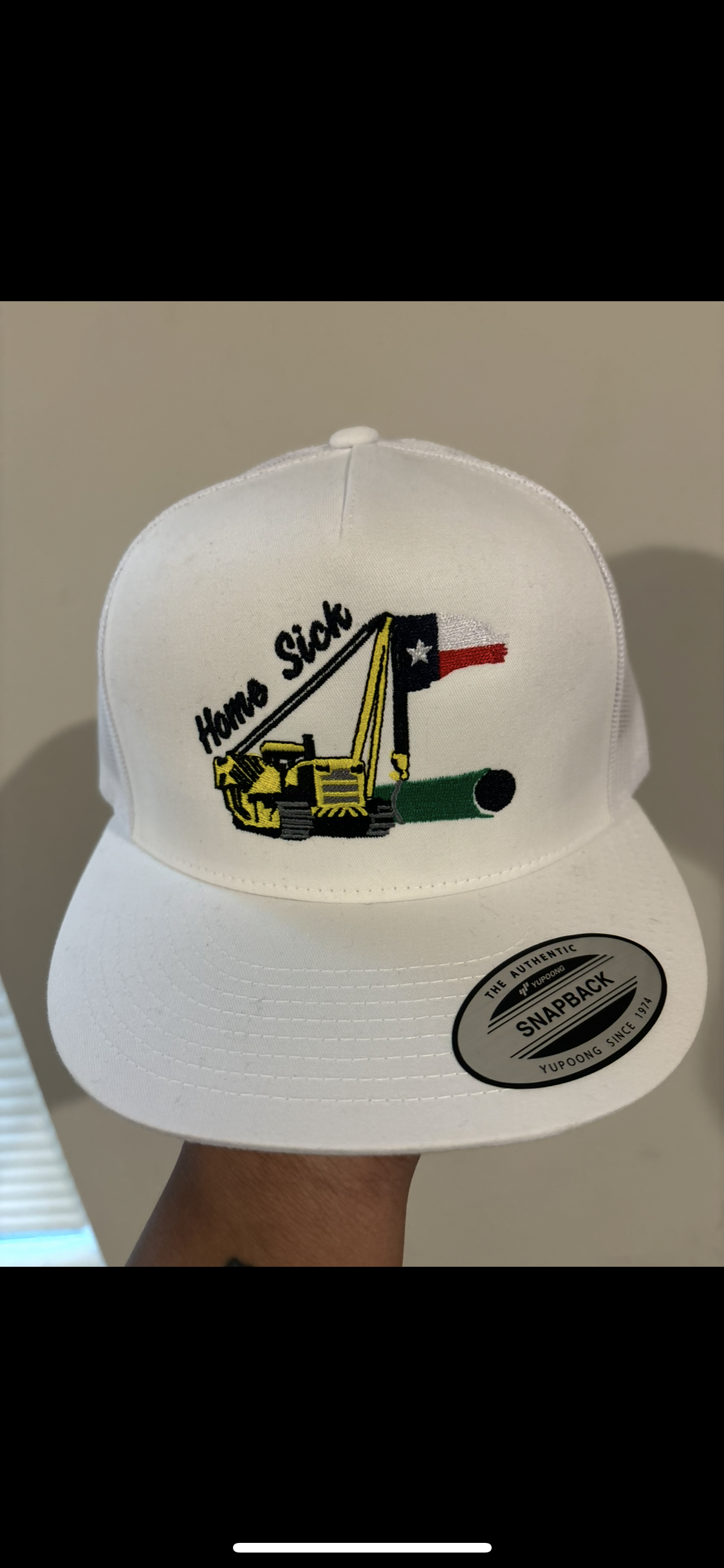 White “Home Sick” side boom W/Texas flag