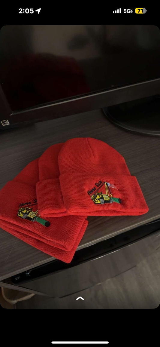 Red “Home Sick” side boom beanie